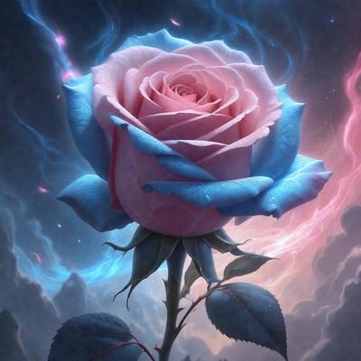 Primary subject: A single blue rose with pink petals.

Setting/background: The rose is set against a dark, moody background with a hint of pink.

Visual style: The image is a digital art piece.

Colors and mood: The dominant colors are blue and pink, creating a serene and calming atmosphere.